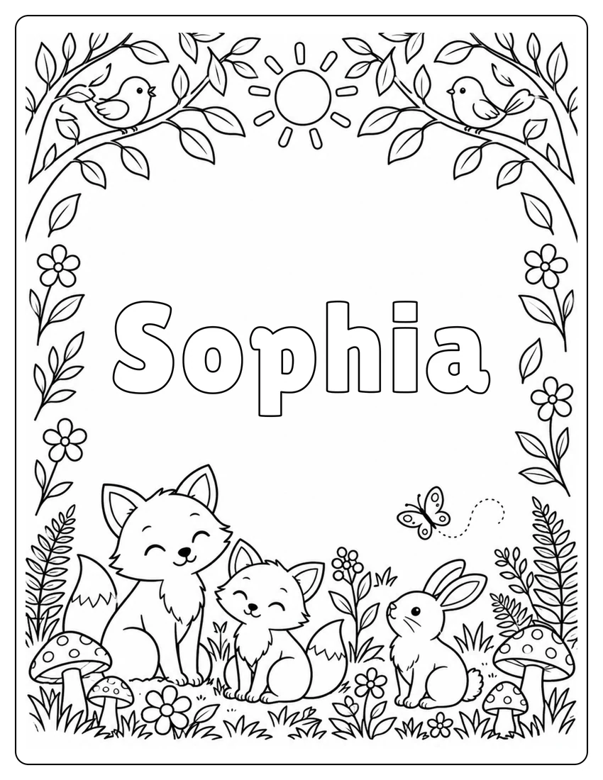 Sophia name coloring page with woodland name and open outlined letters