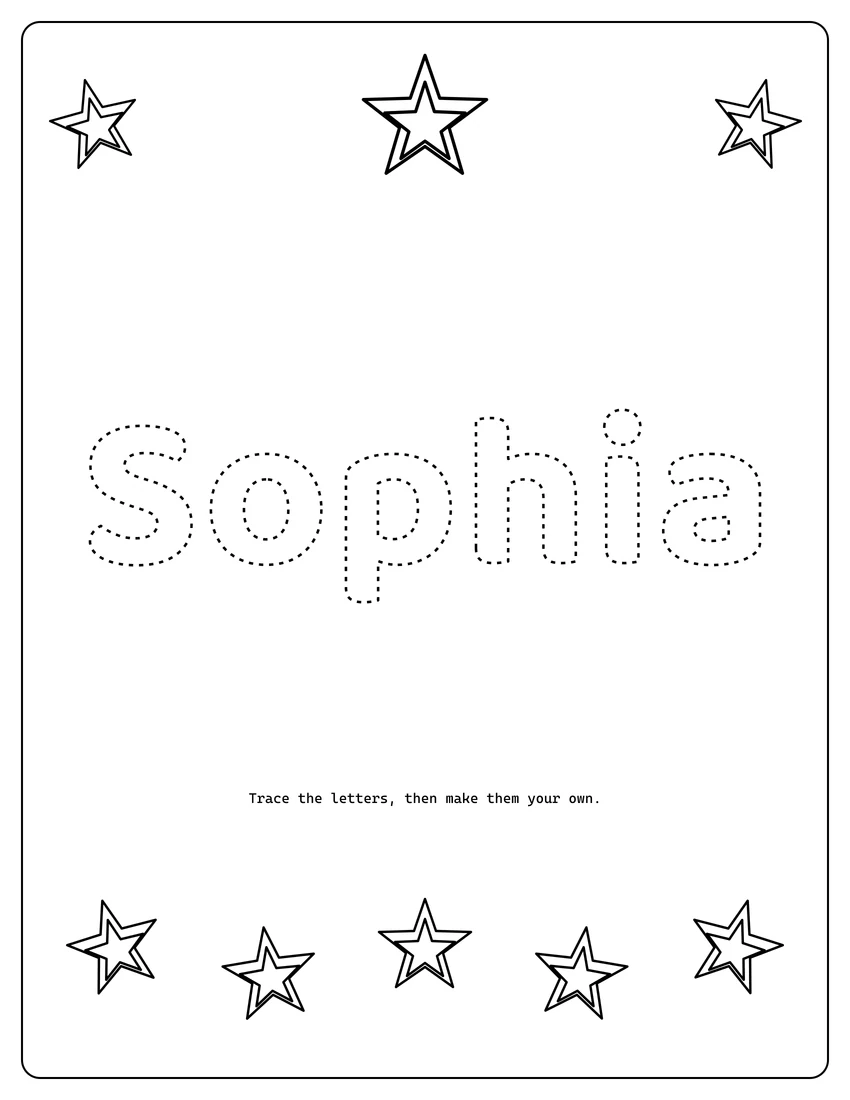 Sophia name coloring page with decorative name tracing and dashed letters
