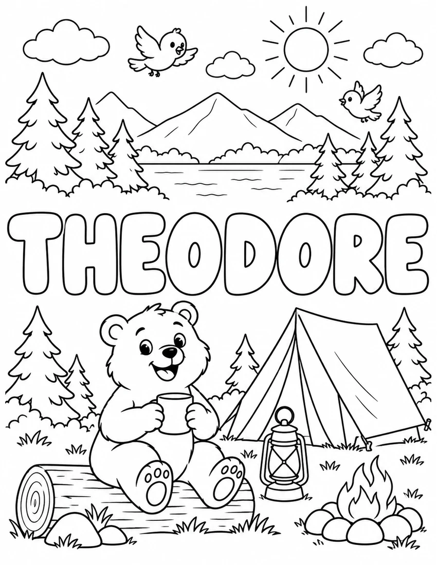 THEODORE in hollow bubble letters with friendly bear camping with a tent, lantern and pine trees