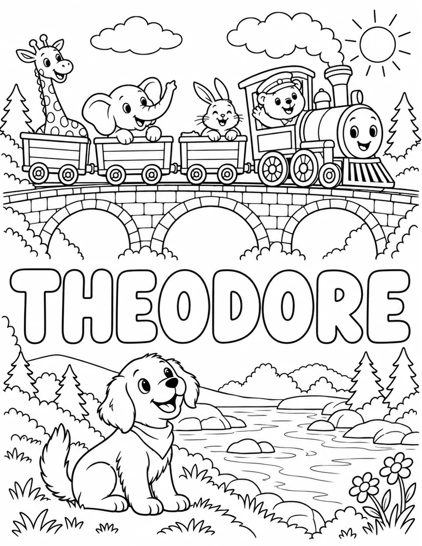 THEODORE in hollow bubble letters with steam train carrying smiling animals across a bridge