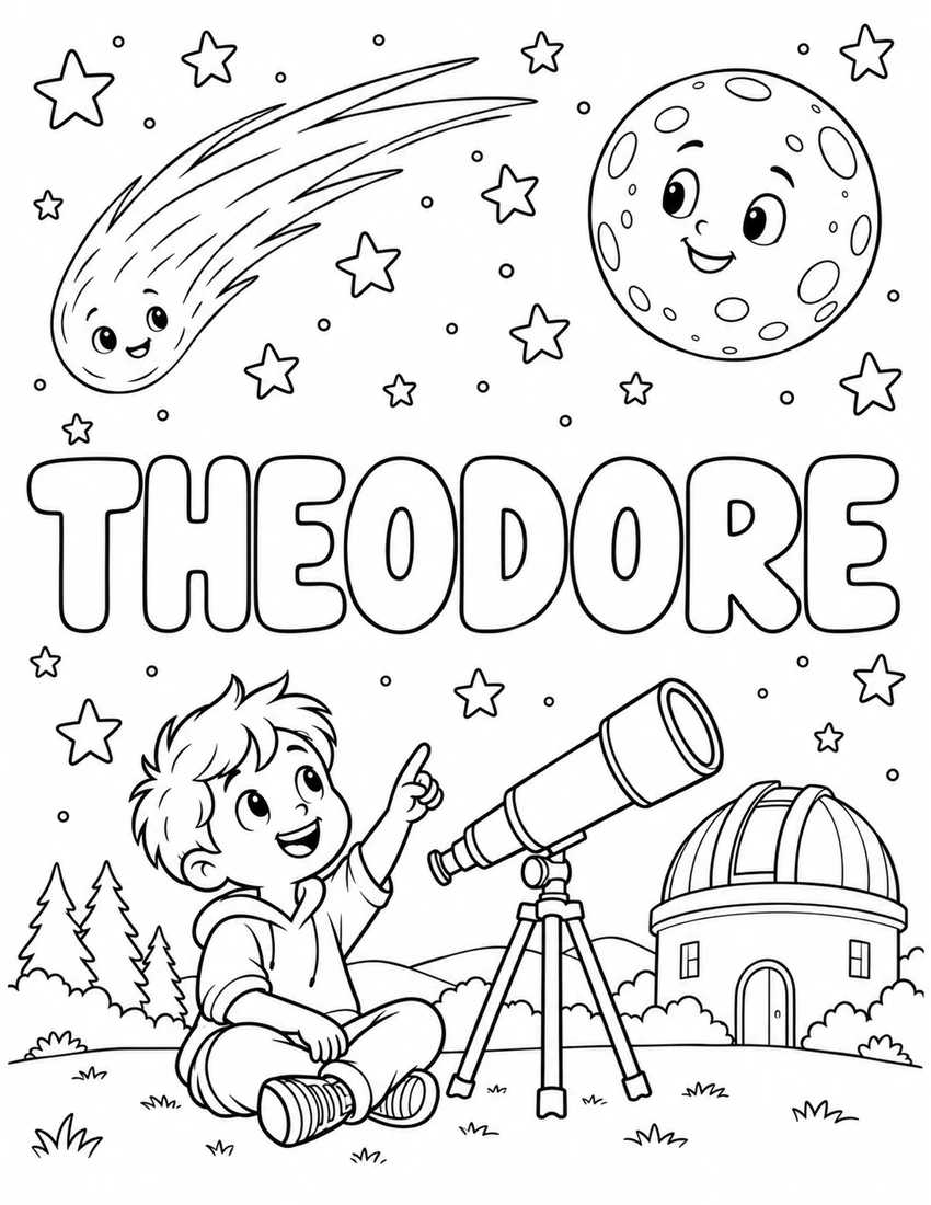 THEODORE in hollow bubble letters with an observatory telescope, comet and moon