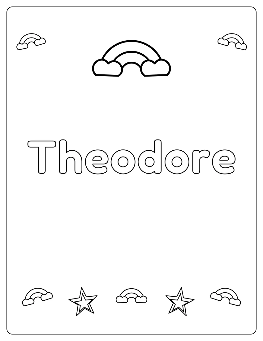 Theodore name coloring page with rainbow bubble letters and open outlined letters