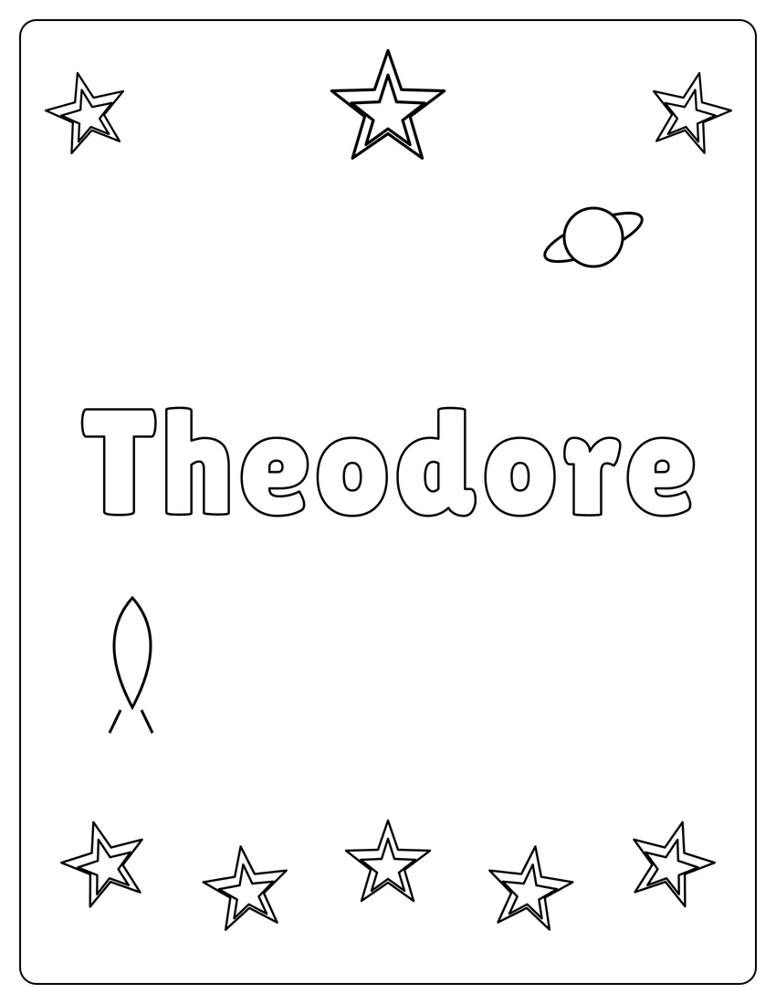 Theodore name coloring page with space & planets and open outlined letters