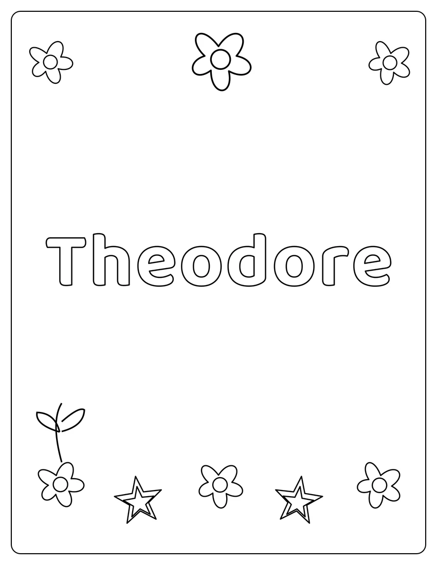 Theodore name coloring page with flower garden and open outlined letters