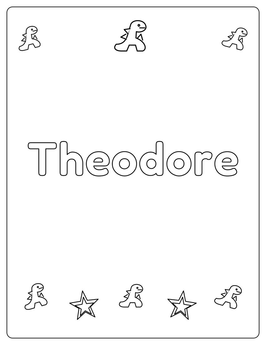 Theodore name coloring page with dinosaur friends and open outlined letters