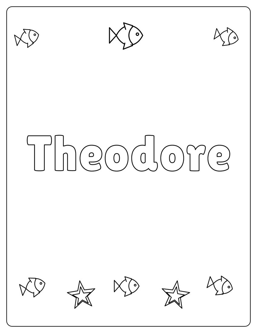 Theodore name coloring page with under the sea and open outlined letters
