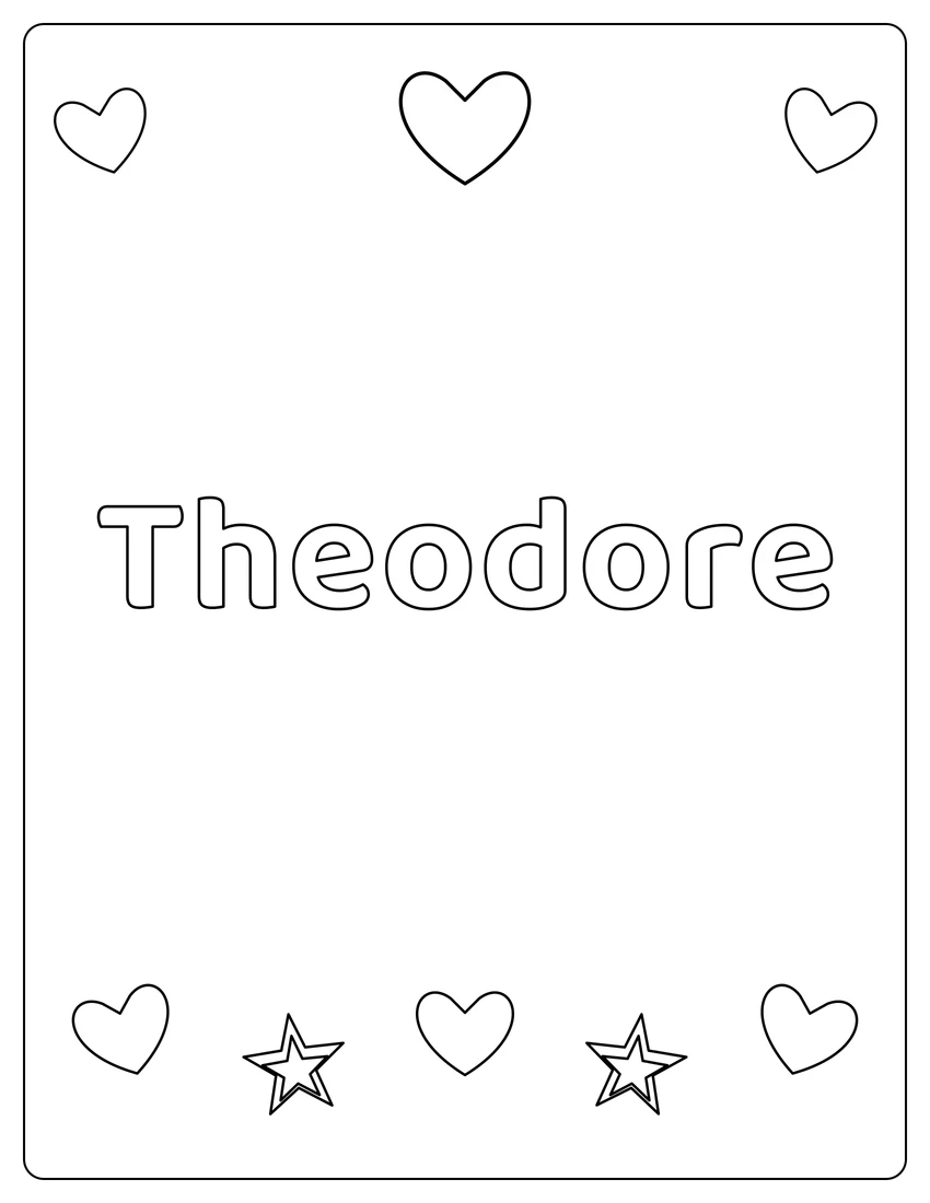 Theodore name coloring page with hearts & love and open outlined letters