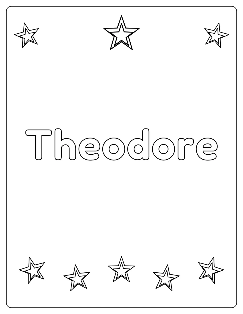 Theodore name coloring page with superstar name and open outlined letters