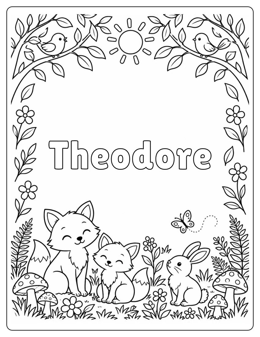 Theodore name coloring page with woodland name and open outlined letters