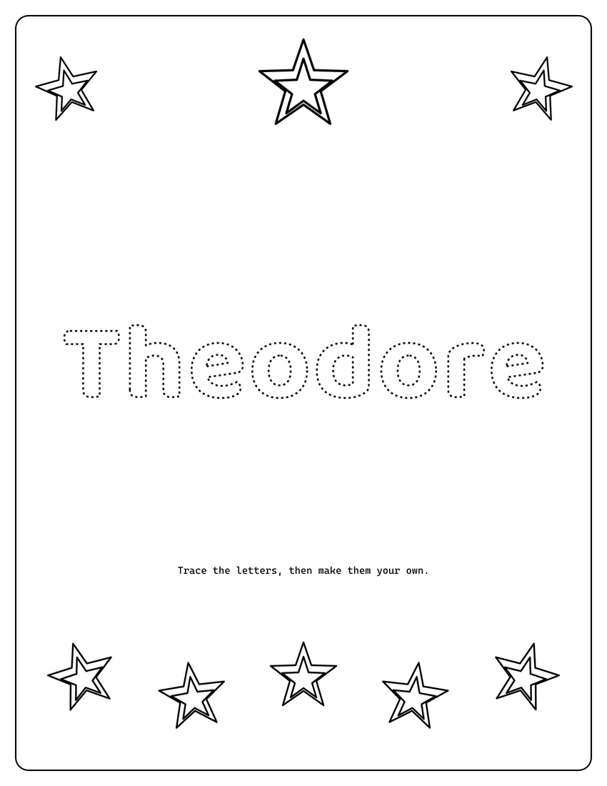 Theodore name coloring page with decorative name tracing and dashed letters